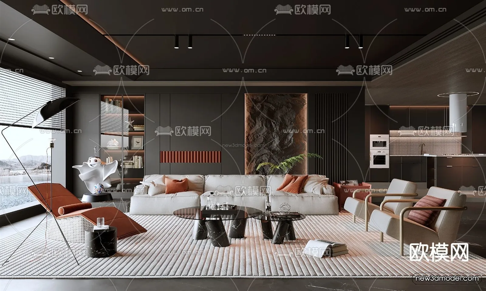 Black - White - Gray Colors Interior 3D Blocks - Living Room 3D Scene - 062