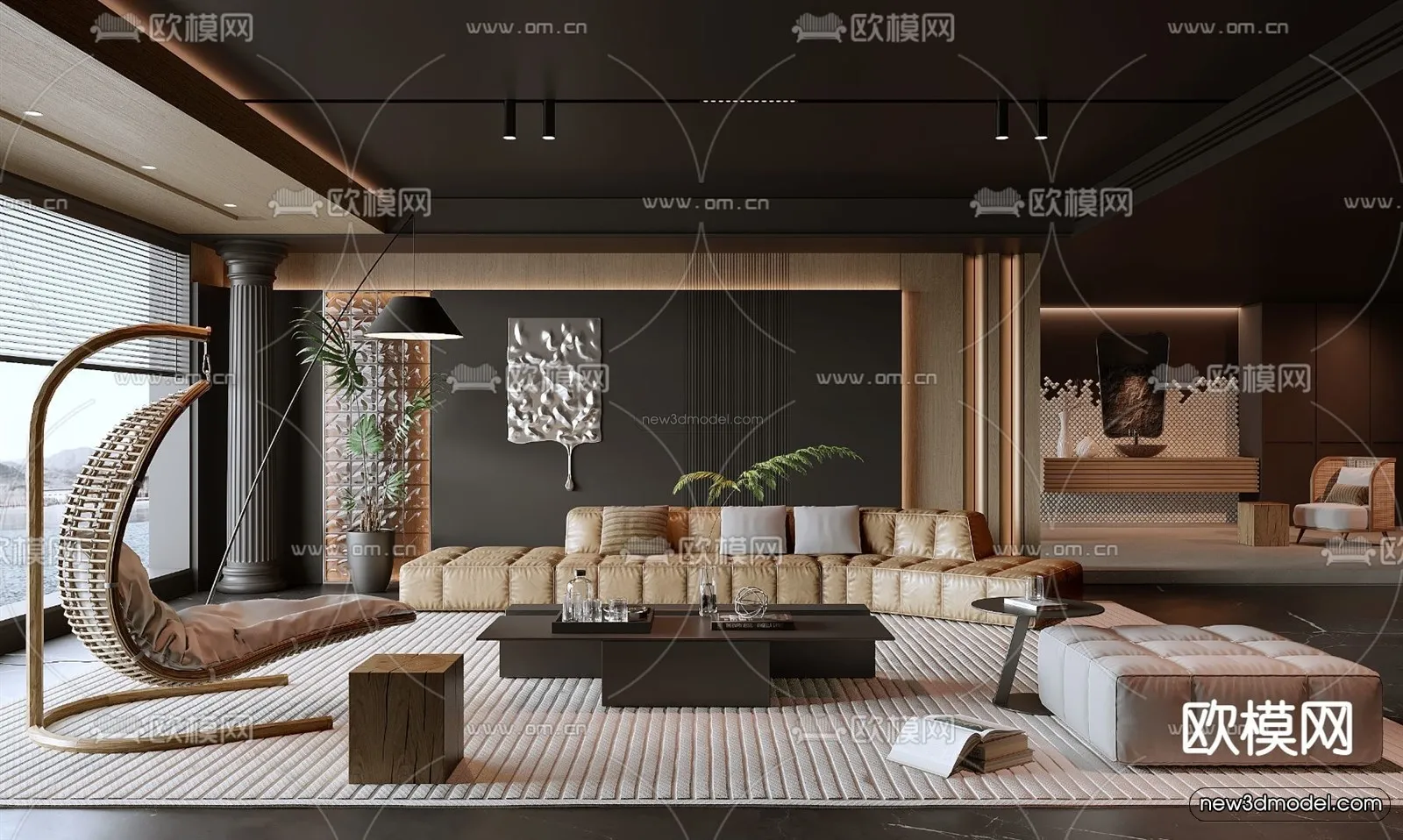 Black - White - Gray Colors Interior 3D Blocks - Living Room 3D Scene - 063