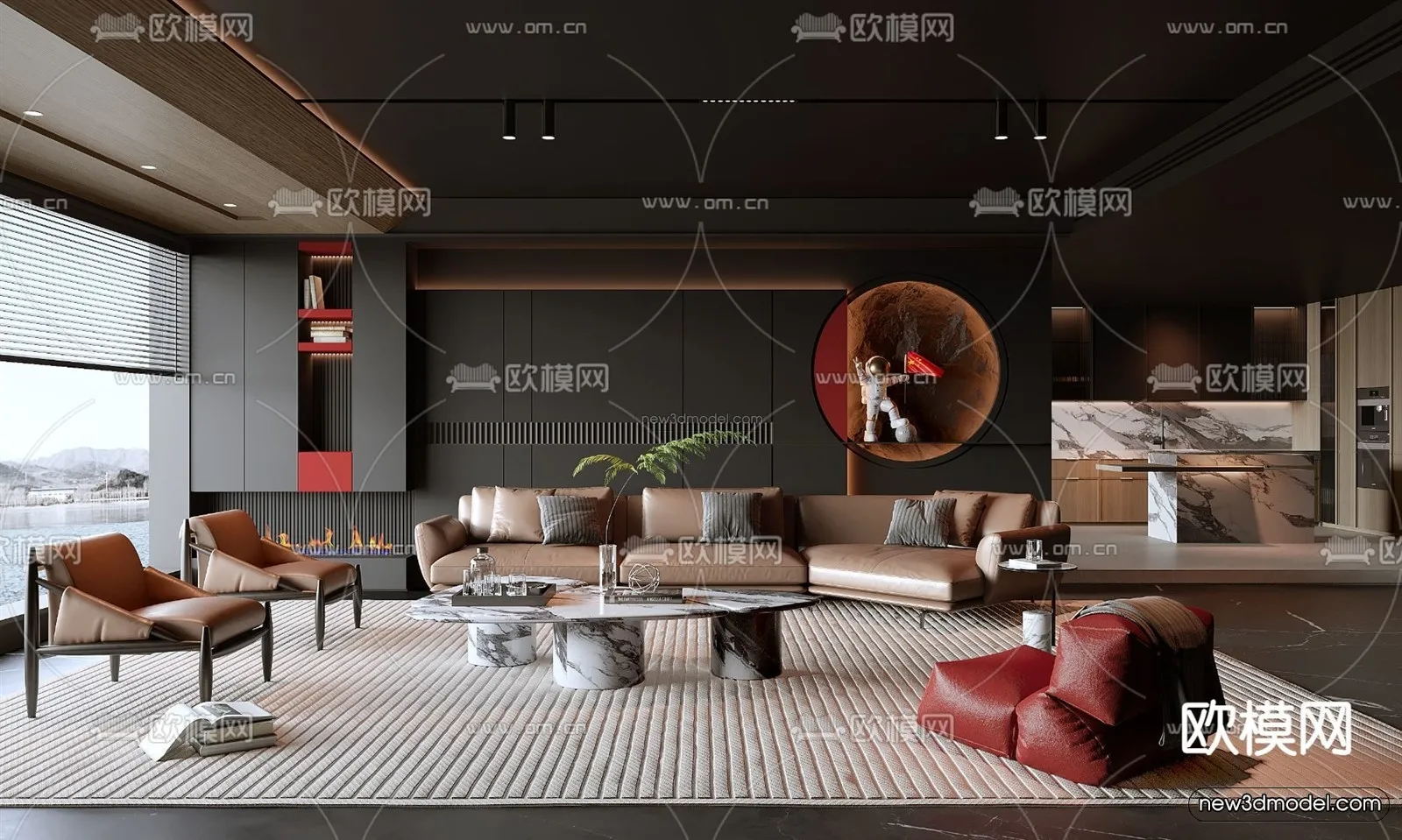 Black - White - Gray Colors Interior 3D Blocks - Living Room 3D Scene - 065