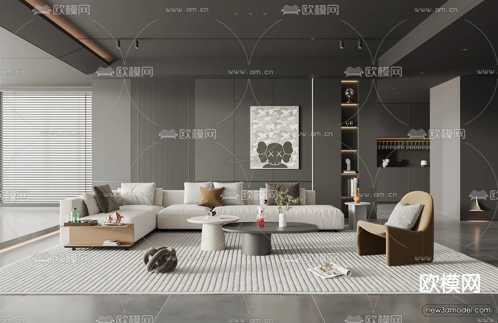 Black - White - Gray Colors Interior 3D Blocks - Living Room 3D Scene - 066