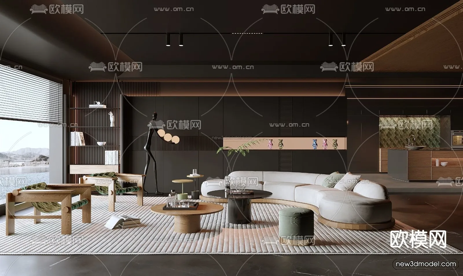 Black - White - Gray Colors Interior 3D Blocks - Living Room 3D Scene - 067