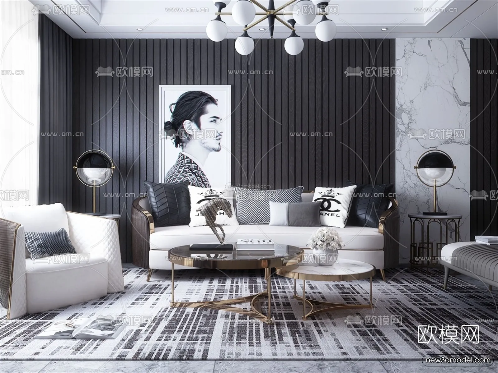 Black - White - Gray Colors Interior 3D Blocks - Living Room 3D Scene - 069