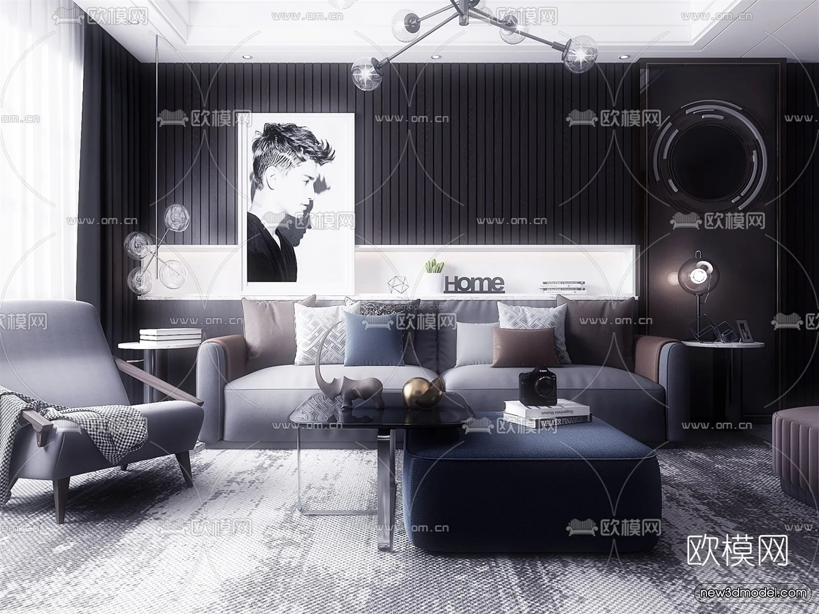 Black - White - Gray Colors Interior 3D Blocks - Living Room 3D Scene - 070