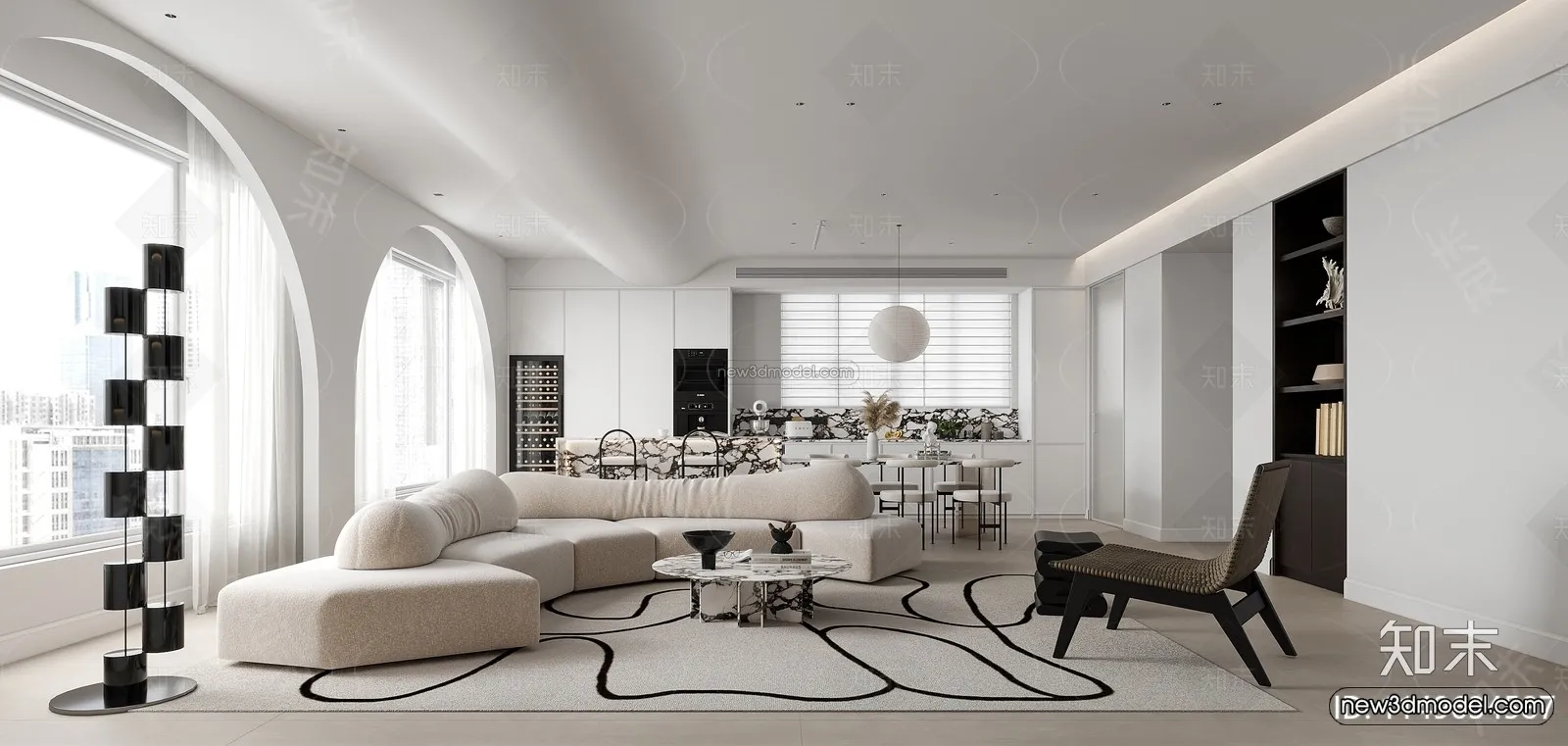 Black - White - Gray Colors Interior 3D Blocks - Living Room 3D Scene - 071