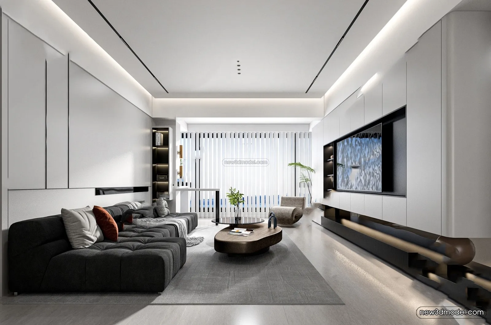 Black - White - Gray Colors Interior 3D Blocks - Living Room 3D Scene - 072