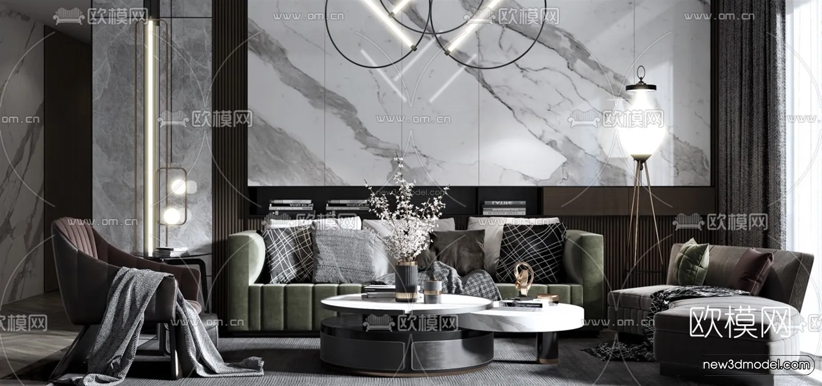 Black - White - Gray Colors Interior 3D Blocks - Living Room 3D Scene - 074