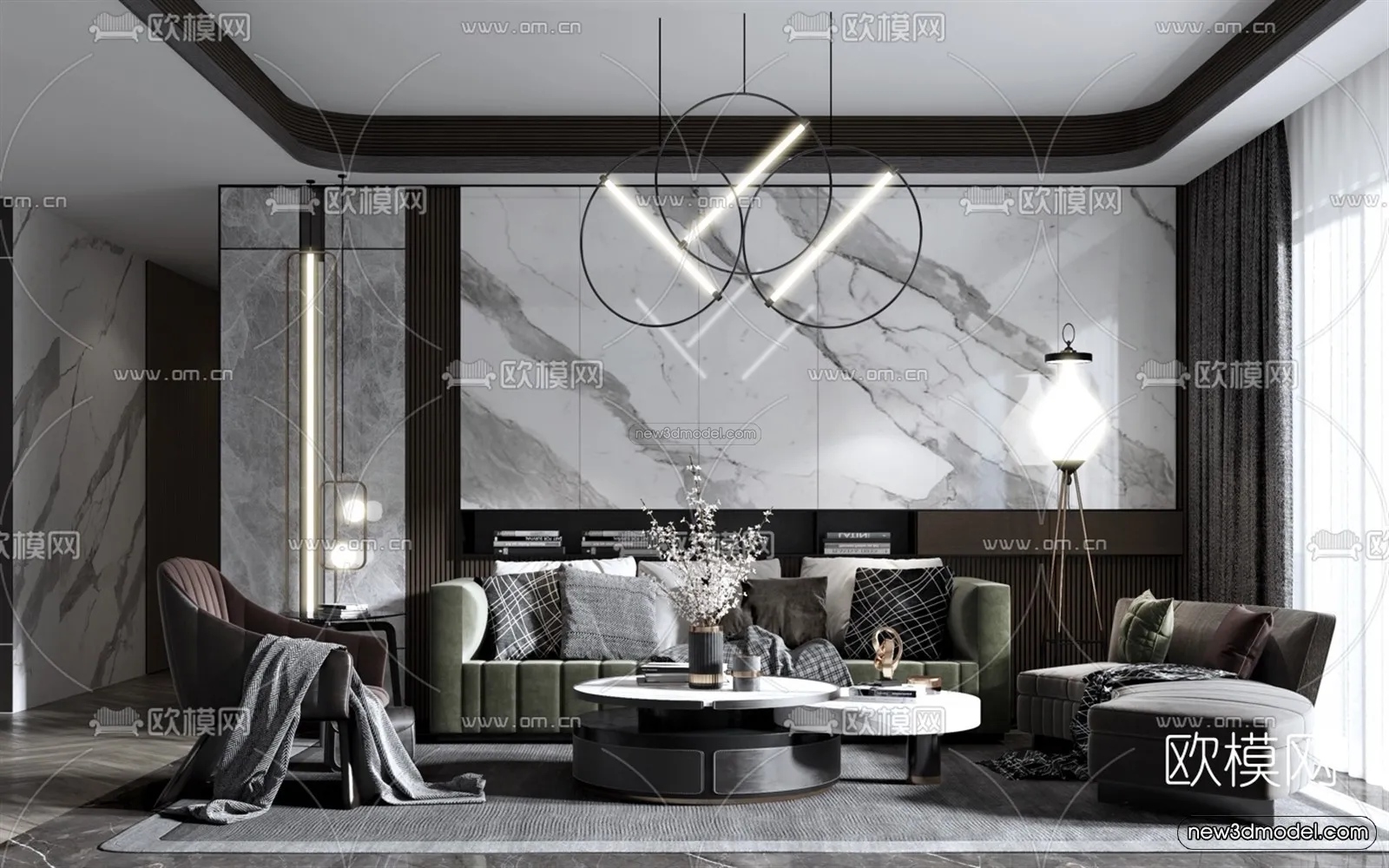 Black - White - Gray Colors Interior 3D Blocks - Living Room 3D Scene - 076