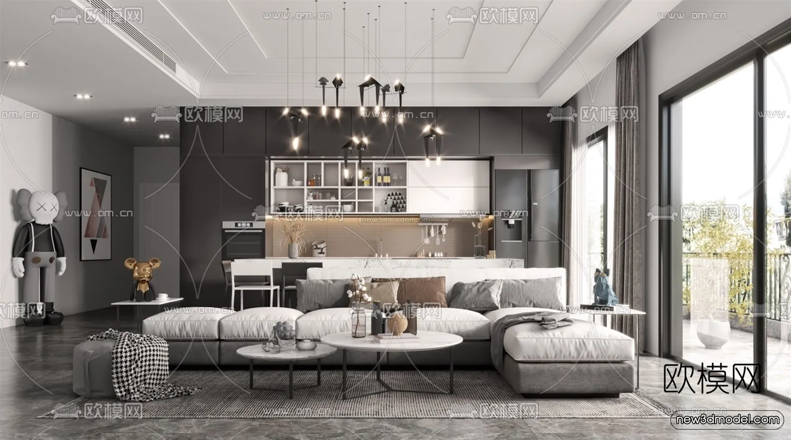 Black - White - Gray Colors Interior 3D Blocks - Living Room 3D Scene - 077