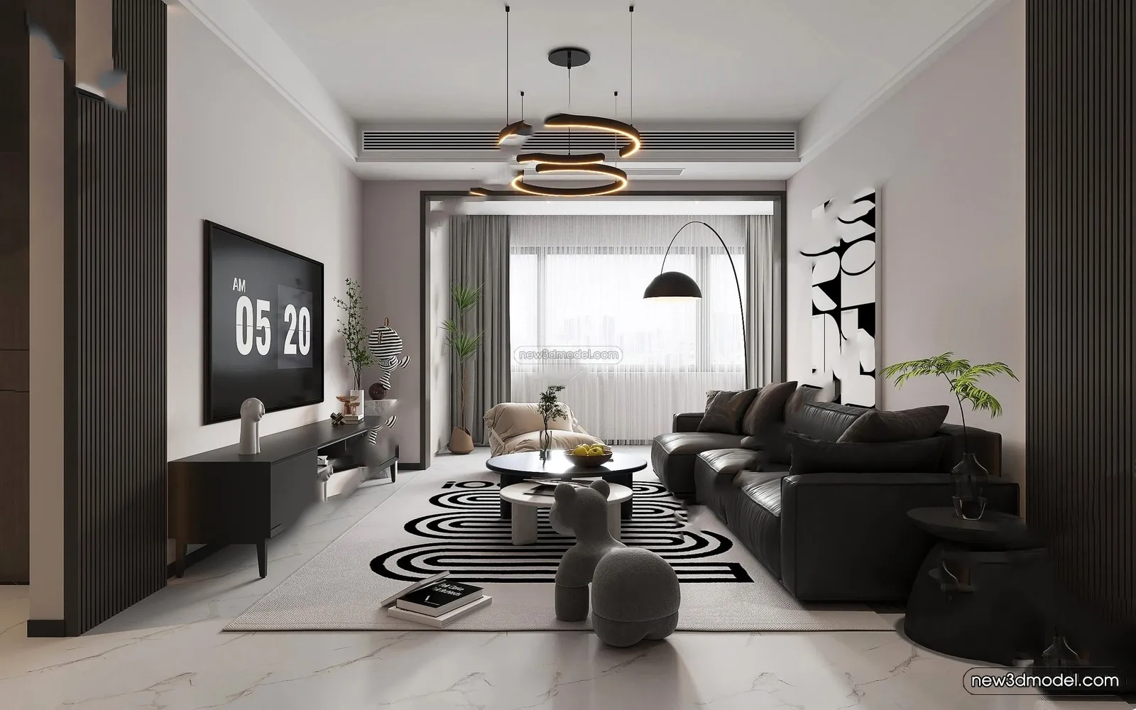 Black - White - Gray Colors Interior 3D Blocks - Living Room 3D Scene - 078