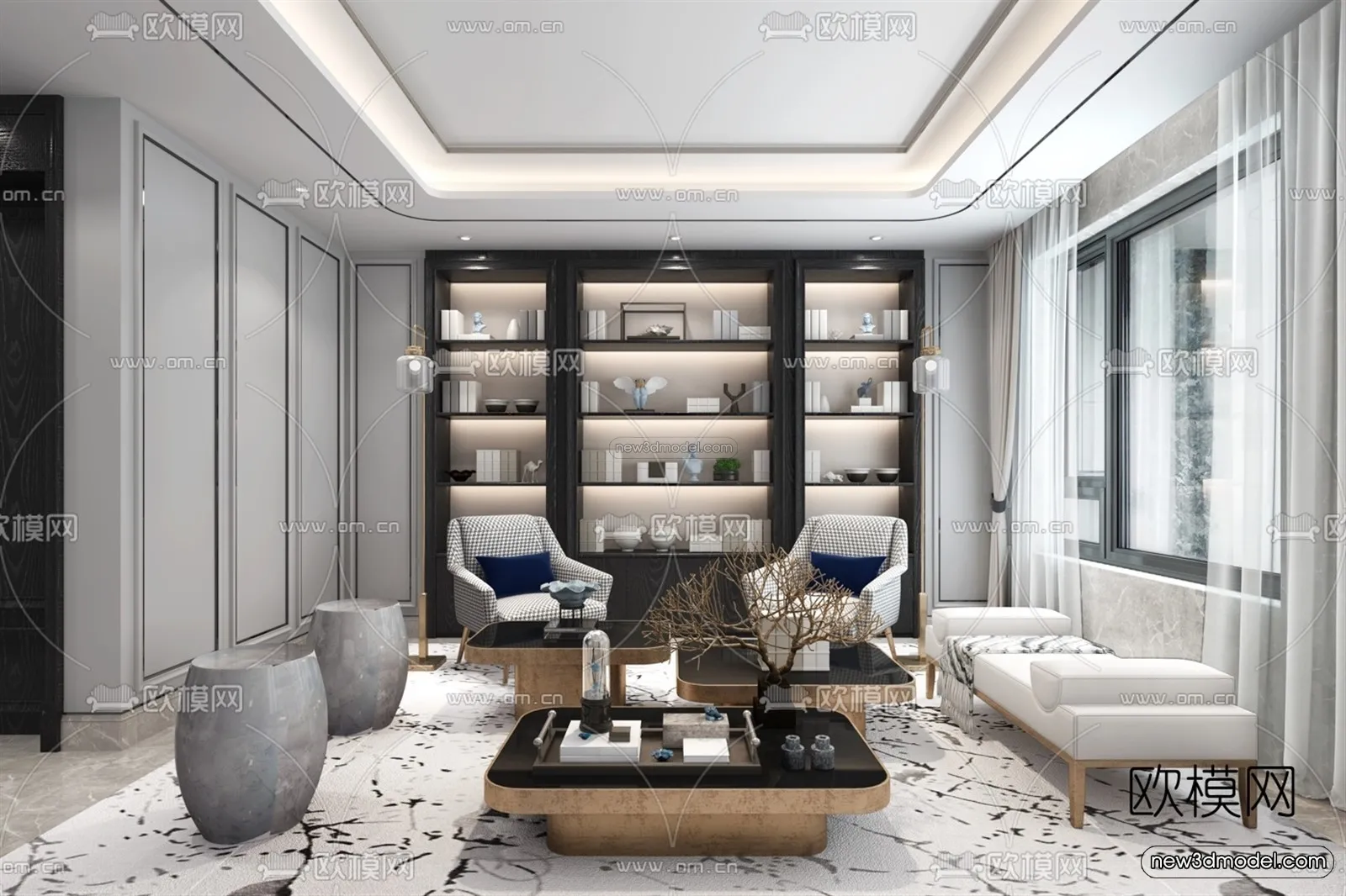 Black - White - Gray Colors Interior 3D Blocks - Living Room 3D Scene - 084