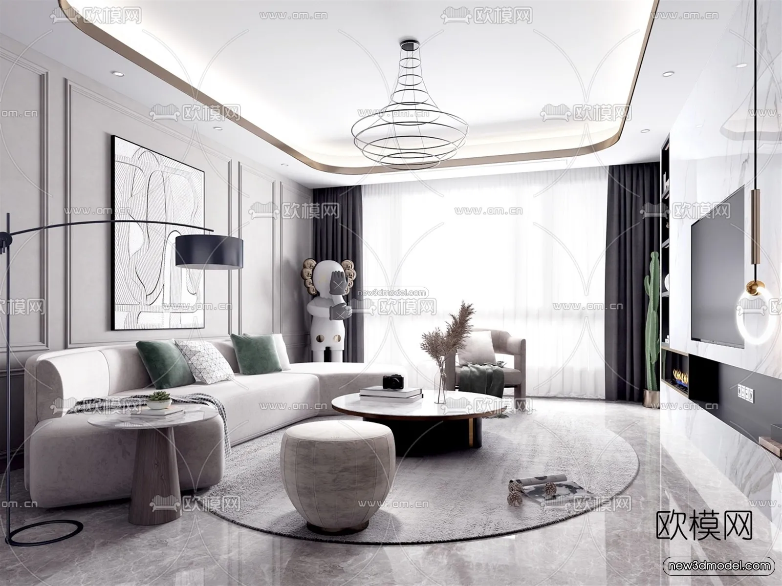 Black - White - Gray Colors Interior 3D Blocks - Living Room 3D Scene - 085