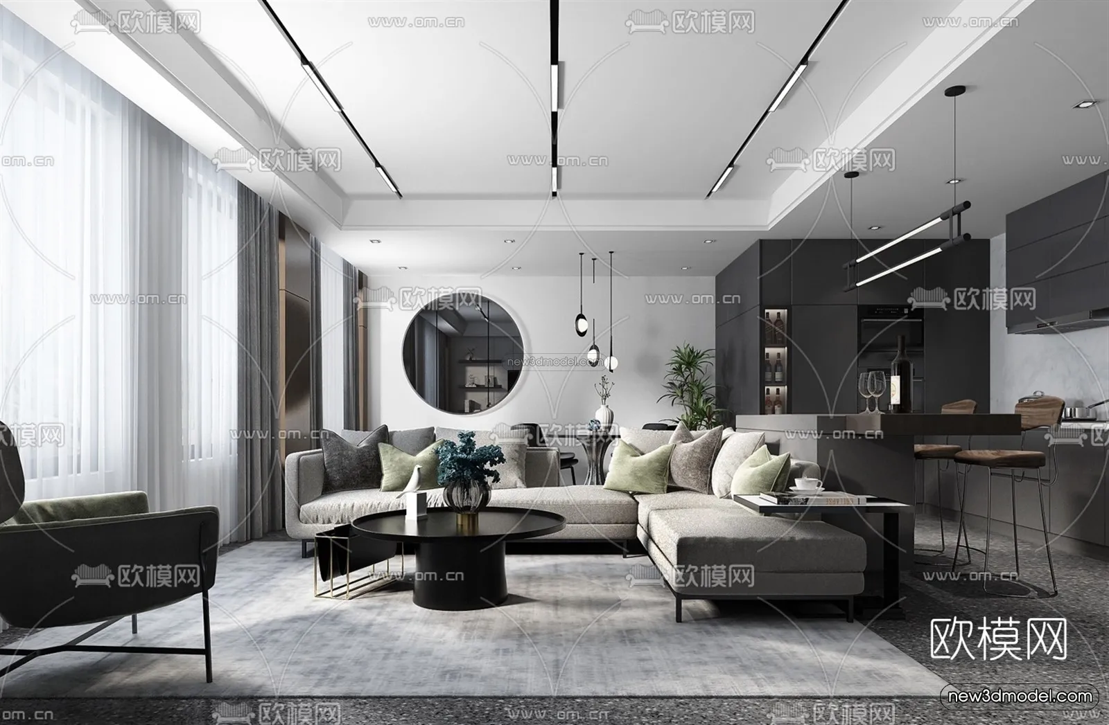 Black - White - Gray Colors Interior 3D Blocks - Living Room 3D Scene - 086