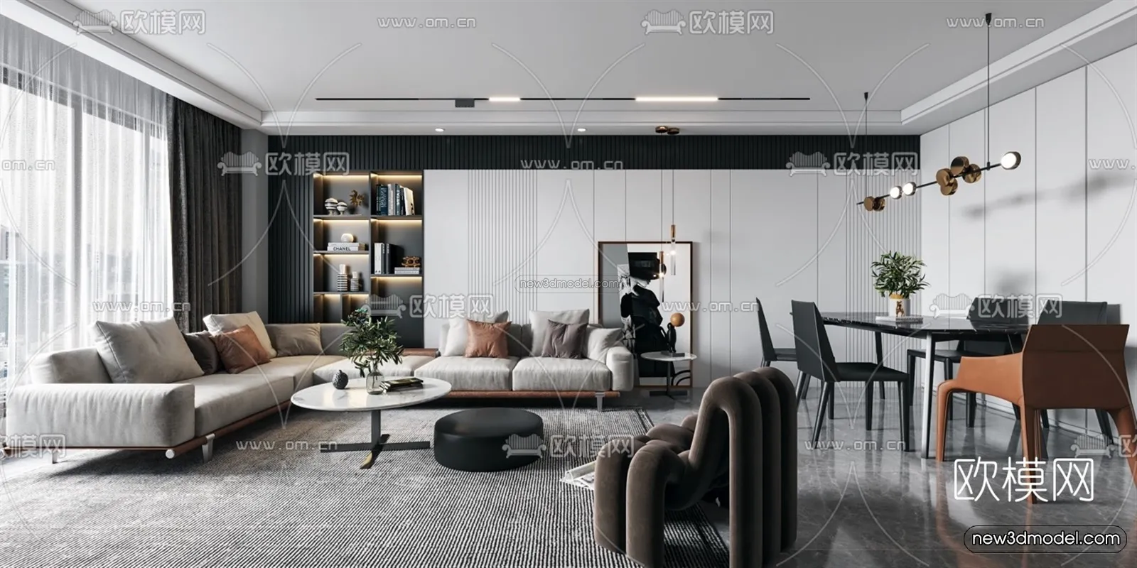 Black - White - Gray Colors Interior 3D Blocks - Living Room 3D Scene - 087