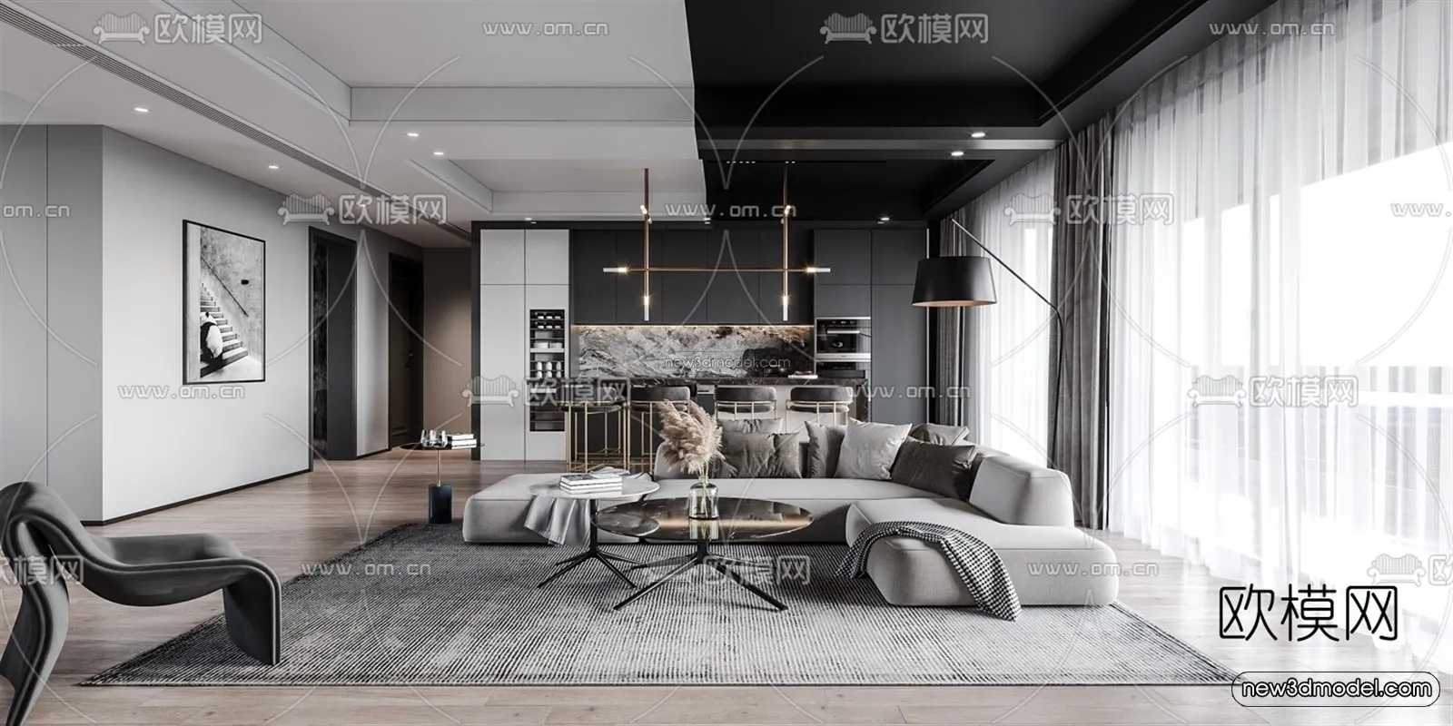 Black - White - Gray Colors Interior 3D Blocks - Living Room 3D Scene - 089