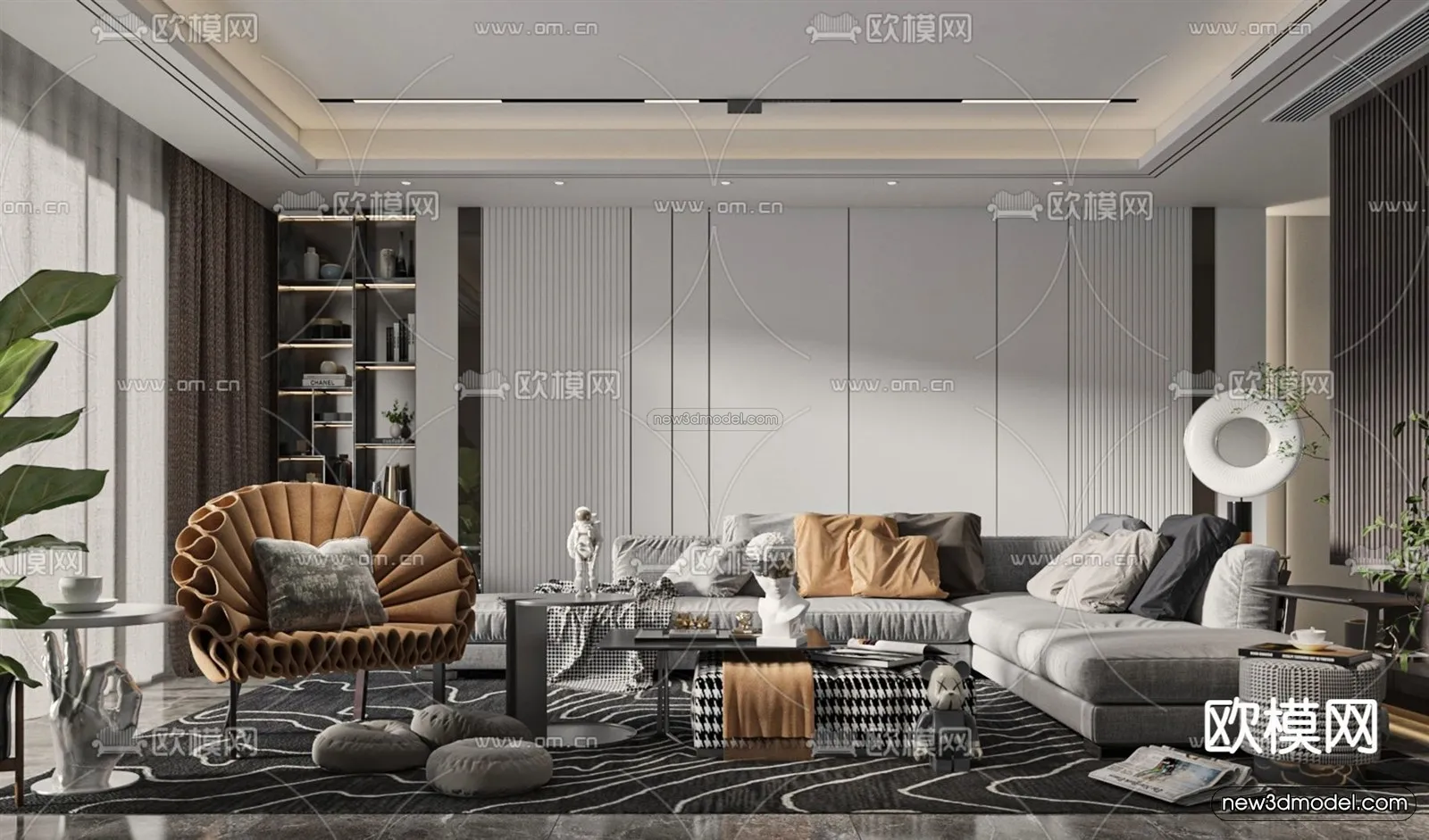 Black - White - Gray Colors Interior 3D Blocks - Living Room 3D Scene - 090