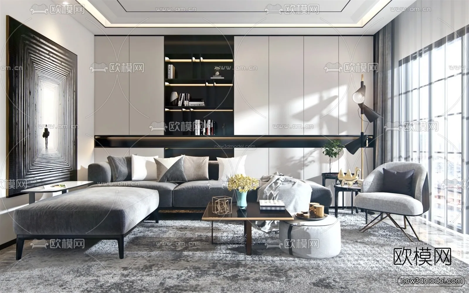 Black - White - Gray Colors Interior 3D Blocks - Living Room 3D Scene - 092