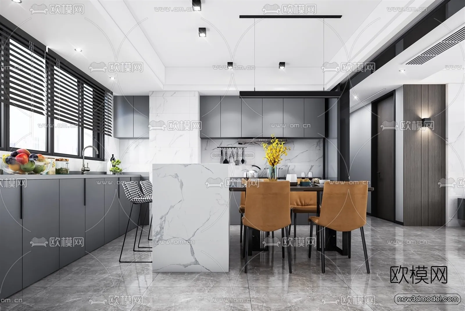 Black - White - Gray Colors Interior 3D Blocks - Living Room 3D Scene - 093