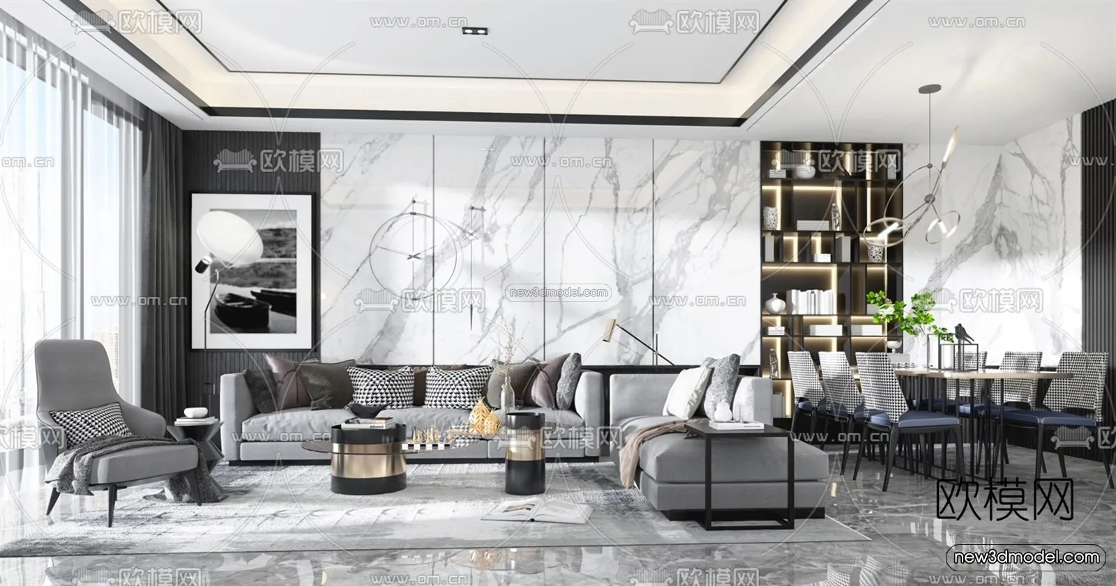 Black - White - Gray Colors Interior 3D Blocks - Living Room 3D Scene - 095