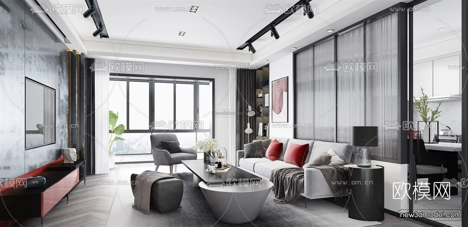 Black - White - Gray Colors Interior 3D Blocks - Living Room 3D Scene - 096