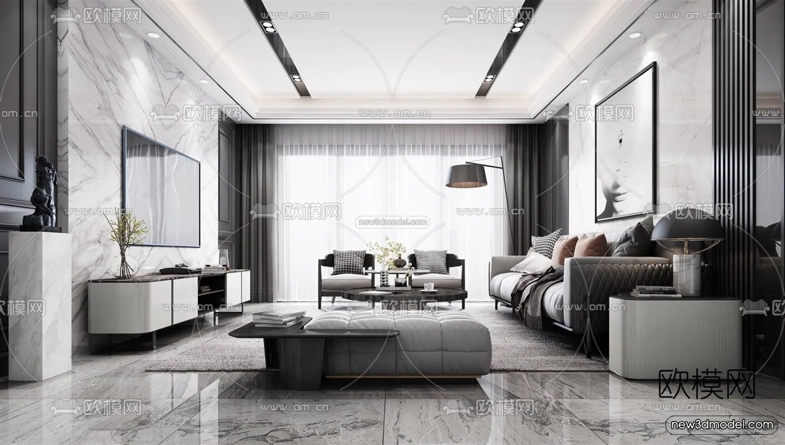 Black - White - Gray Colors Interior 3D Blocks - Living Room 3D Scene - 097