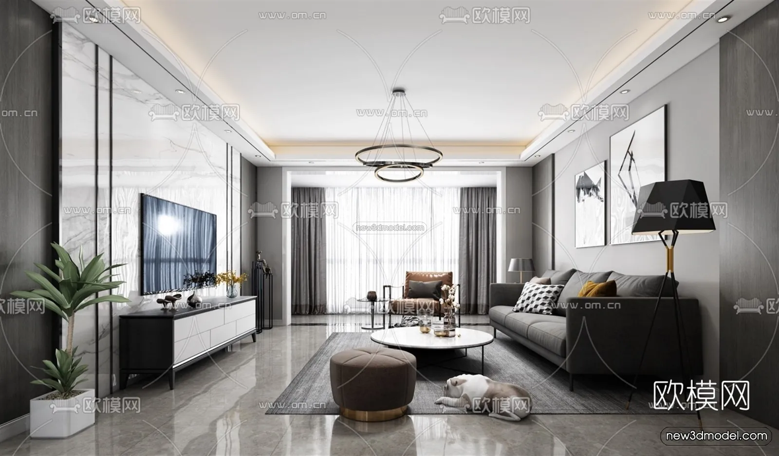 Black - White - Gray Colors Interior 3D Blocks - Living Room 3D Scene - 098