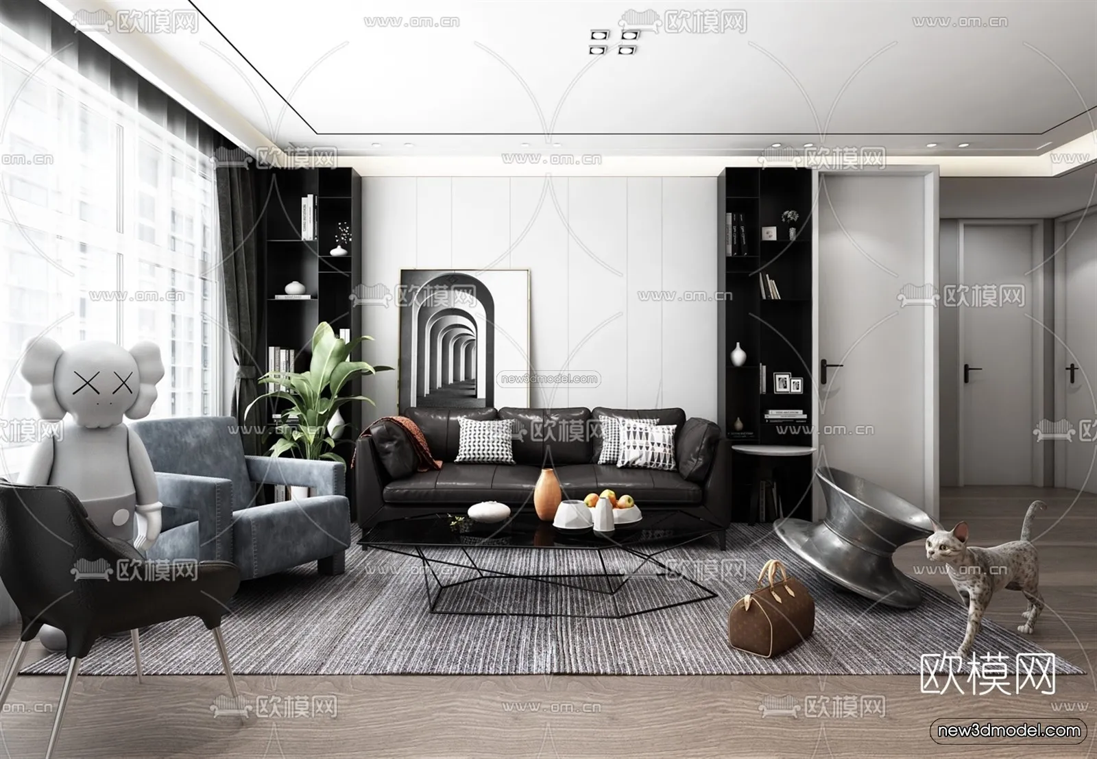 Black - White - Gray Colors Interior 3D Blocks - Living Room 3D Scene - 099