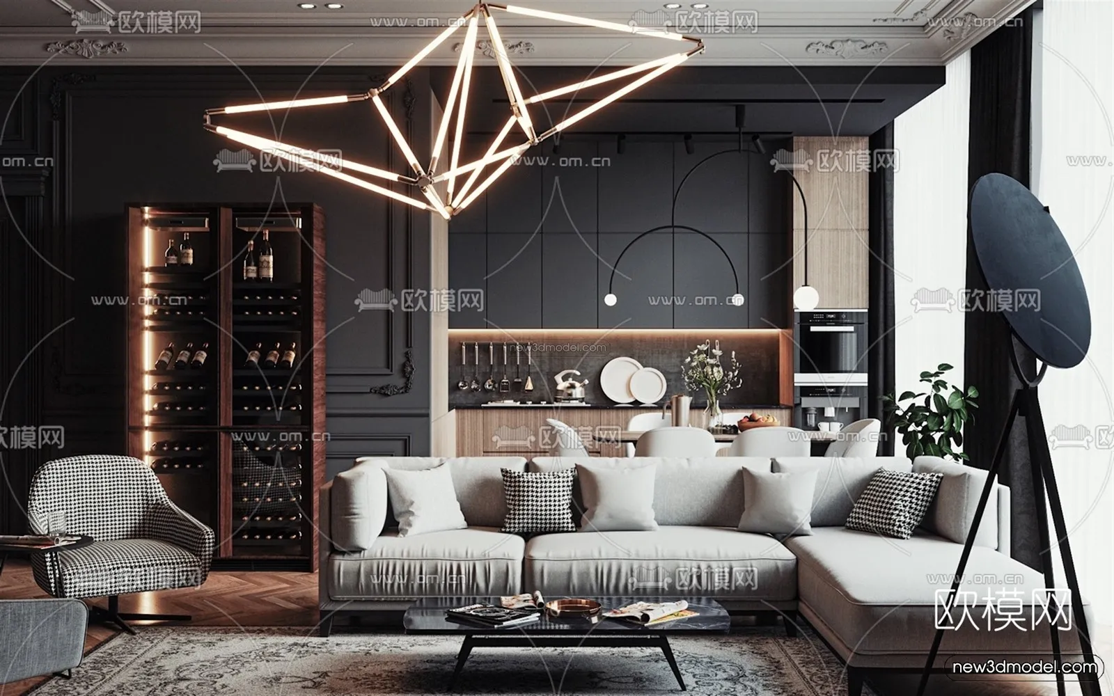 Black - White - Gray Colors Interior 3D Blocks - Living Room 3D Scene - 103