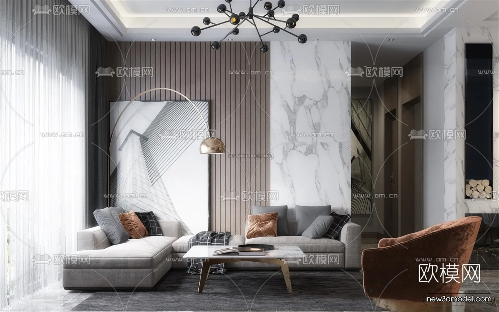 Black - White - Gray Colors Interior 3D Blocks - Living Room 3D Scene - 107