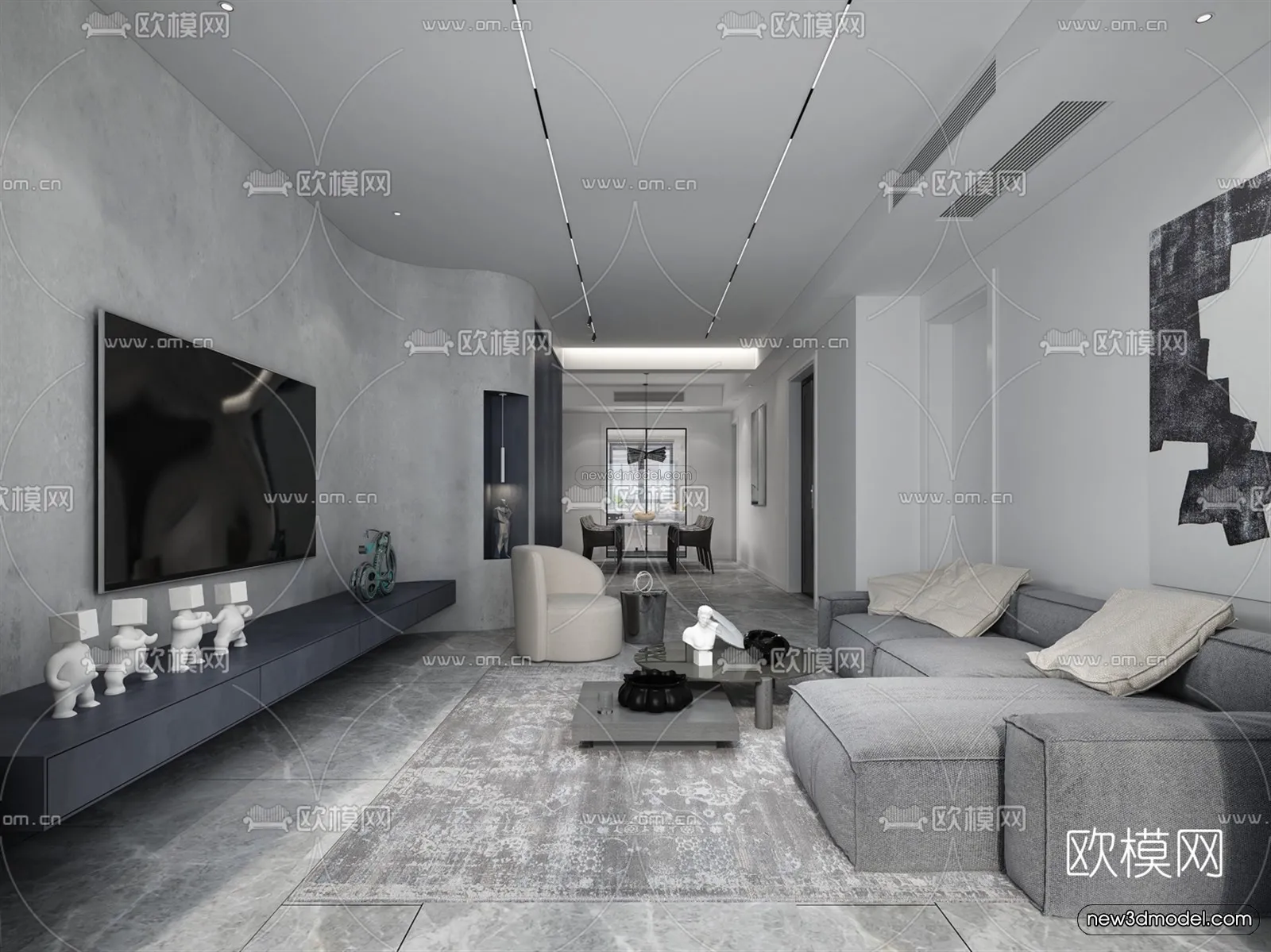 Black - White - Gray Colors Interior 3D Blocks - Living Room 3D Scene - 108