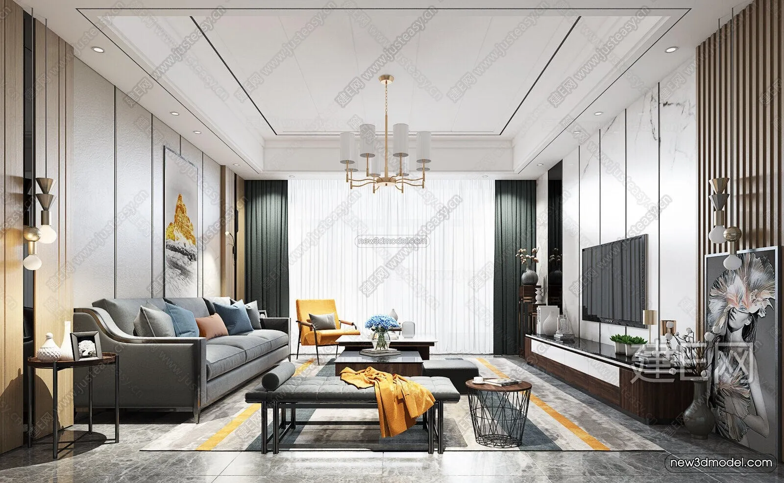 Black - White - Gray Colors Interior 3D Blocks - Living Room 3D Scene - 109