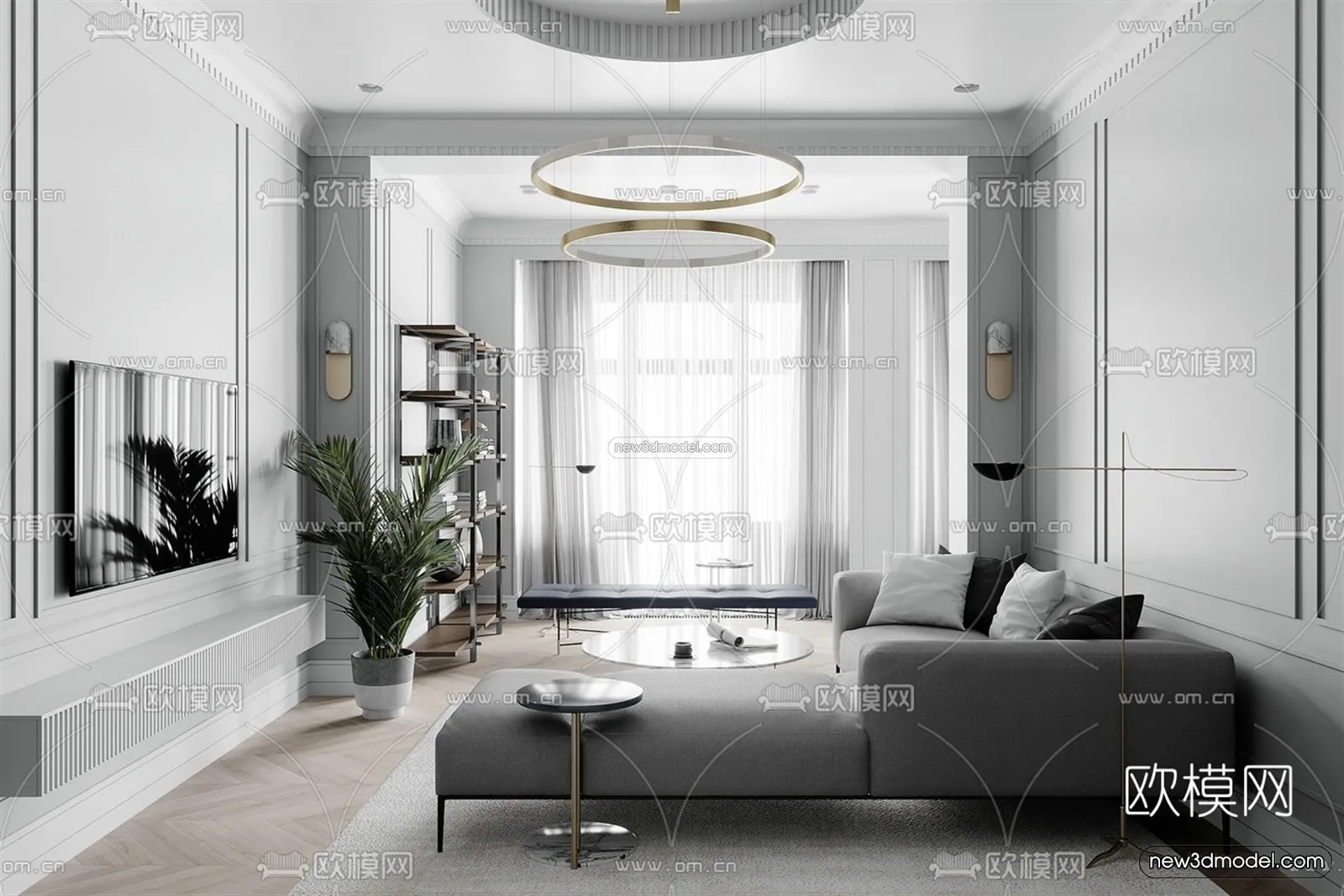 Black - White - Gray Colors Interior 3D Blocks - Living Room 3D Scene - 110
