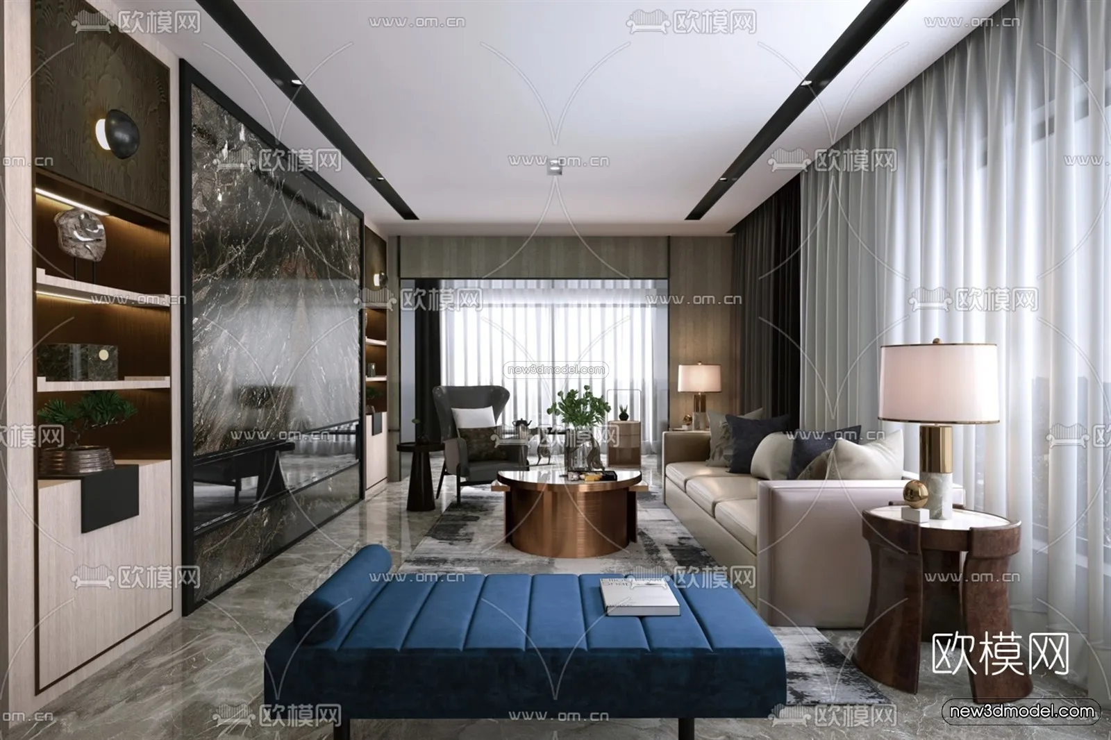 Black - White - Gray Colors Interior 3D Blocks - Living Room 3D Scene - 113