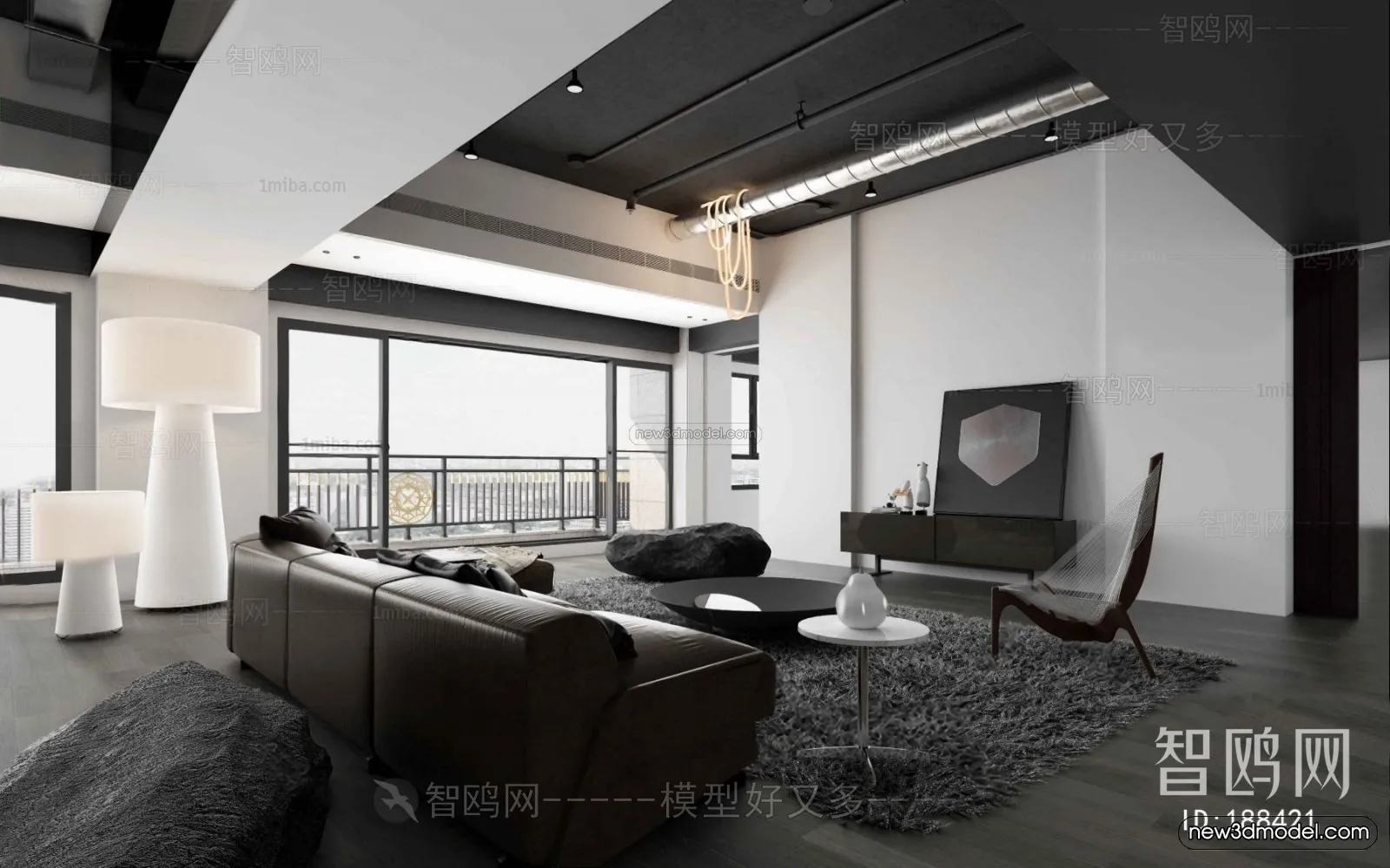Black - White - Gray Colors Interior 3D Blocks - Living Room 3D Scene - 114