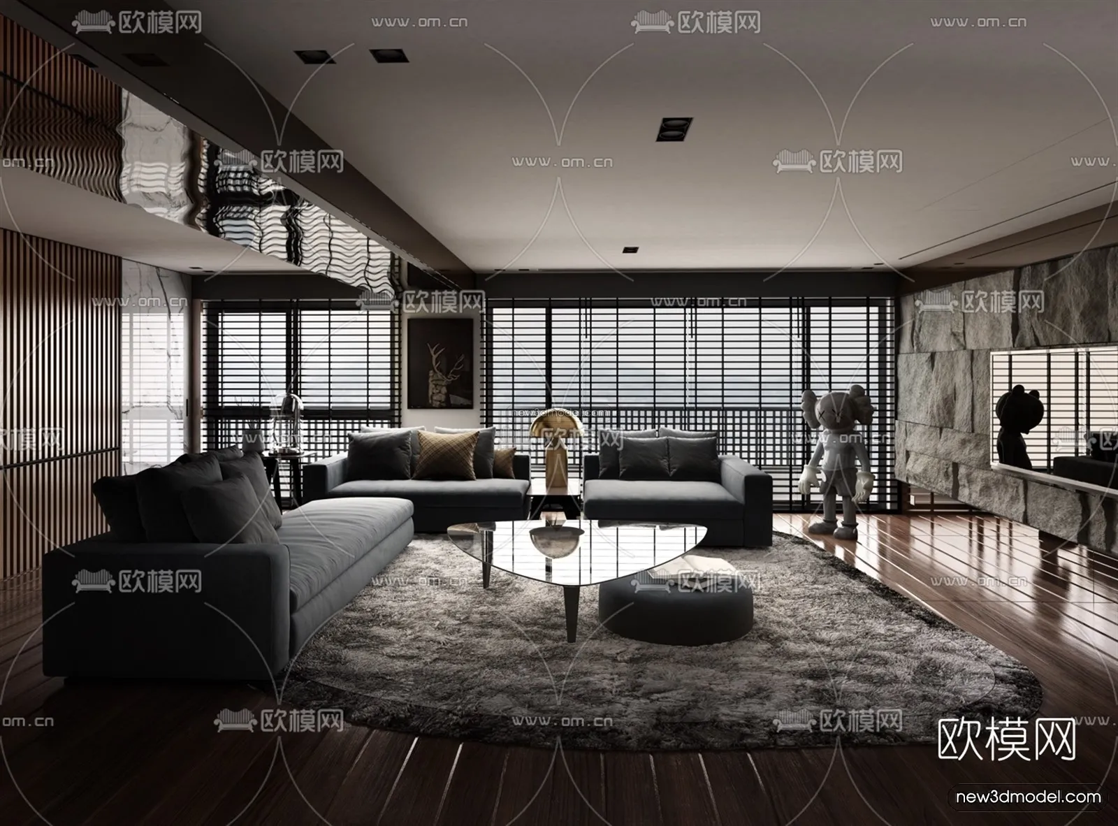 Black - White - Gray Colors Interior 3D Blocks - Living Room 3D Scene - 115