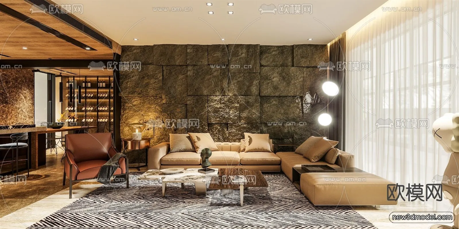 Black - White - Gray Colors Interior 3D Blocks - Living Room 3D Scene - 118