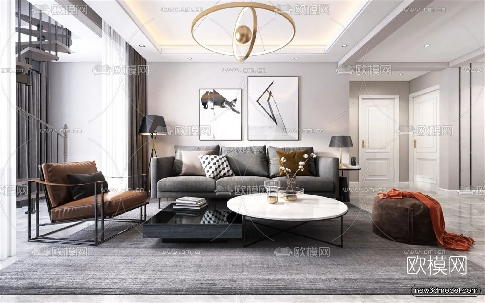 Black - White - Gray Colors Interior 3D Blocks - Living Room 3D Scene - 121