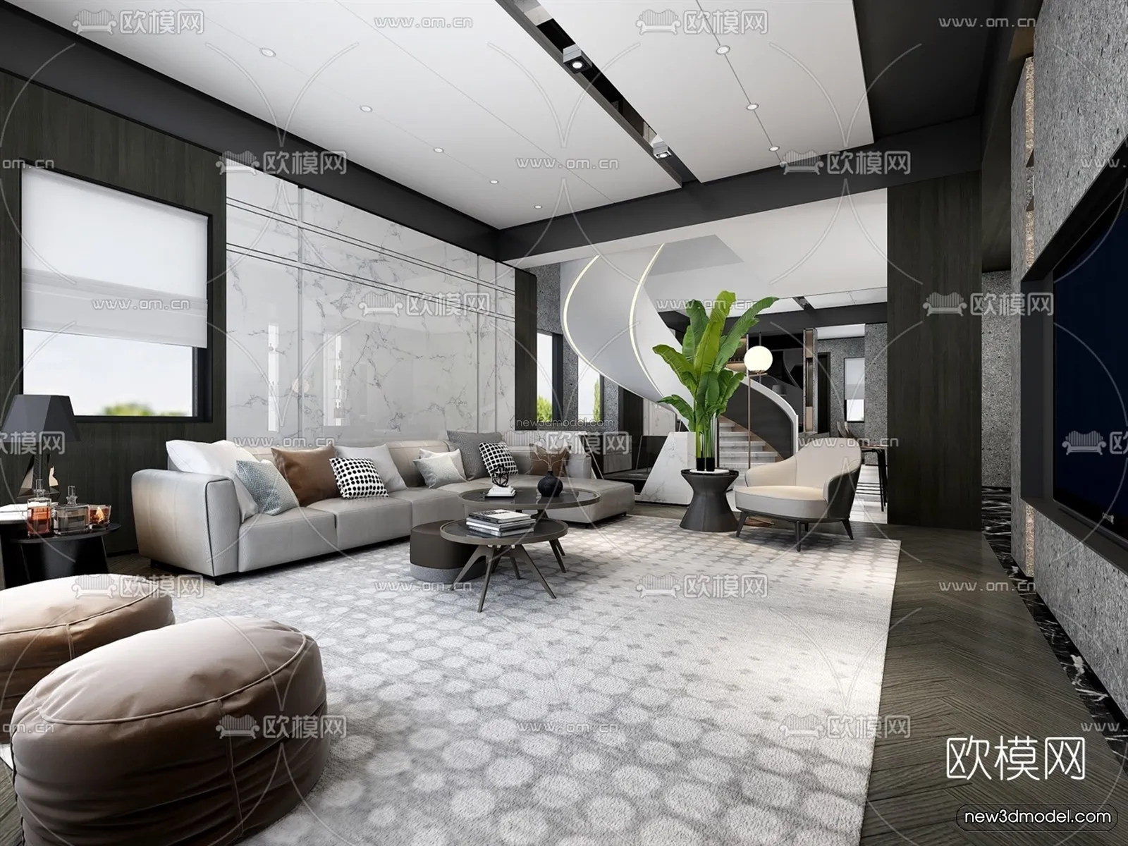 Black - White - Gray Colors Interior 3D Blocks - Living Room 3D Scene - 123
