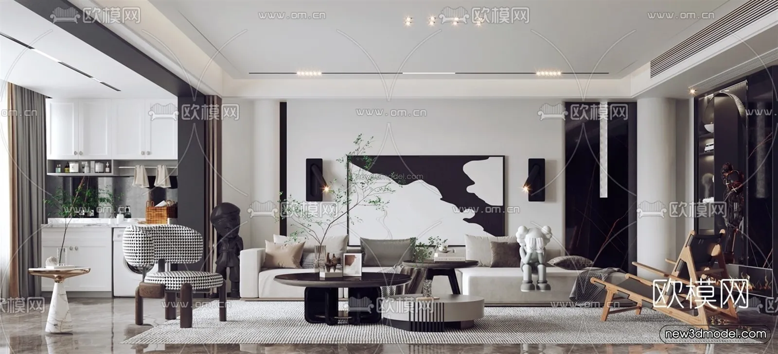 Black - White - Gray Colors Interior 3D Blocks - Living Room 3D Scene - 125