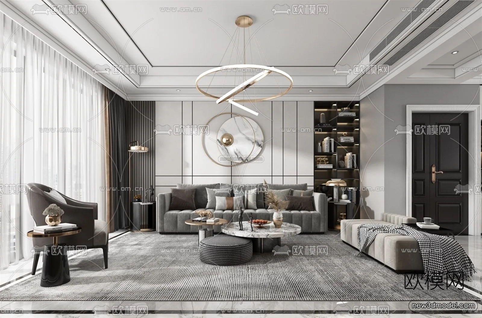 Black - White - Gray Colors Interior 3D Blocks - Living Room 3D Scene - 126