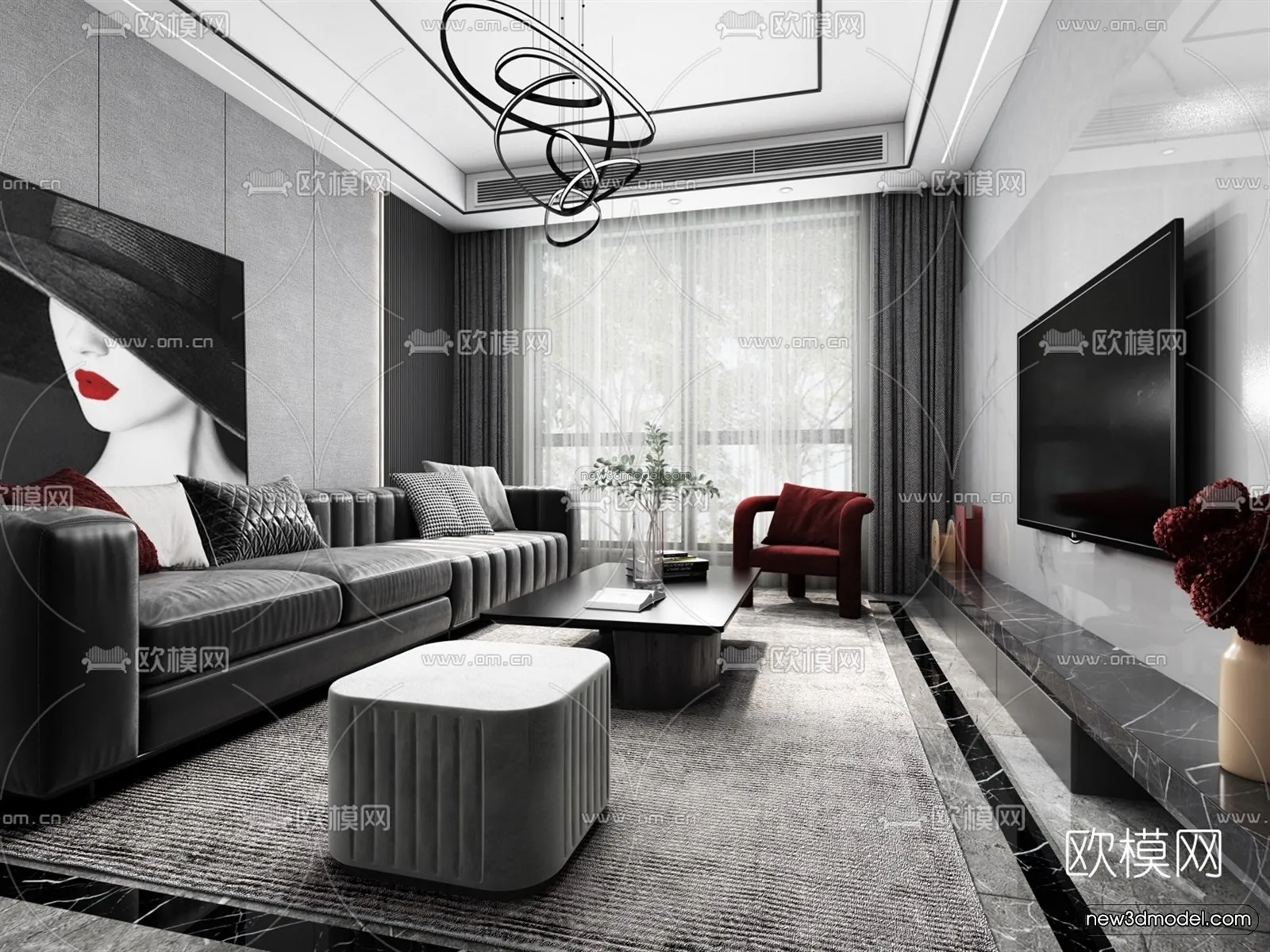 Black - White - Gray Colors Interior 3D Blocks - Living Room 3D Scene - 127