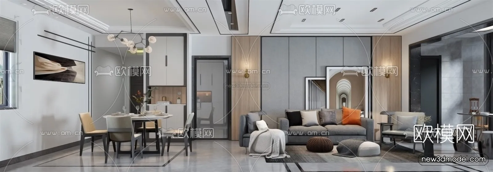 Black - White - Gray Colors Interior 3D Blocks - Living Room 3D Scene - 128