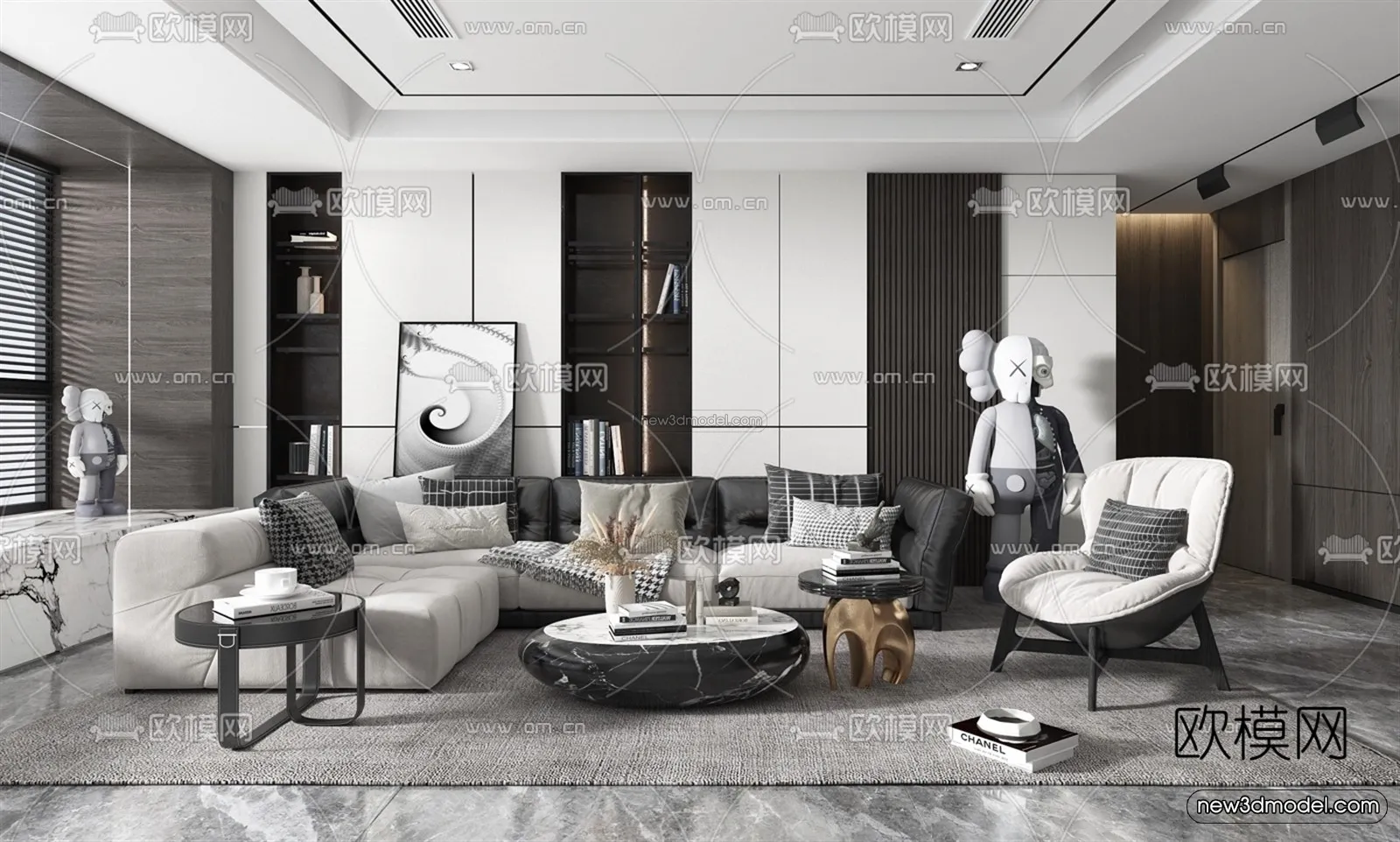 Black - White - Gray Colors Interior 3D Blocks - Living Room 3D Scene - 130