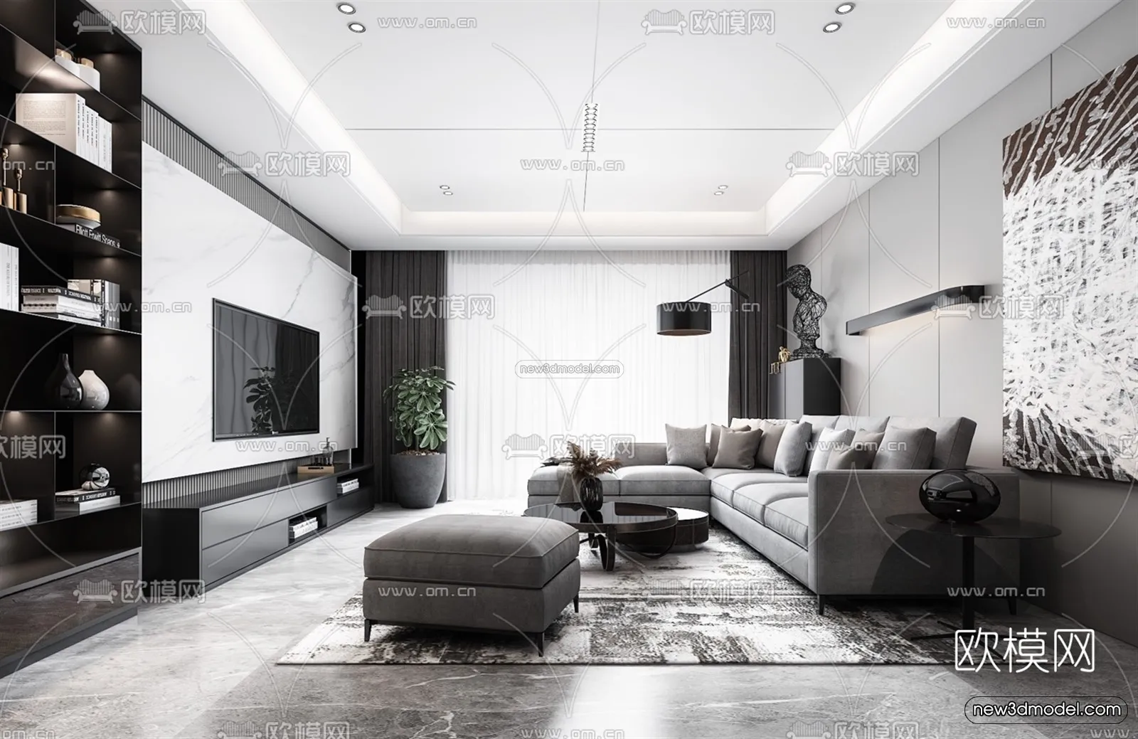 Black - White - Gray Colors Interior 3D Blocks - Living Room 3D Scene - 132