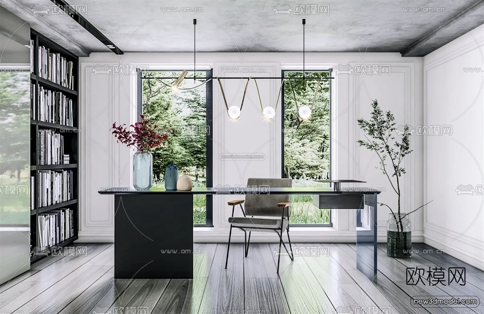 Black - White - Gray Colors Interior 3D Blocks - Study Room 3D Scene - 246