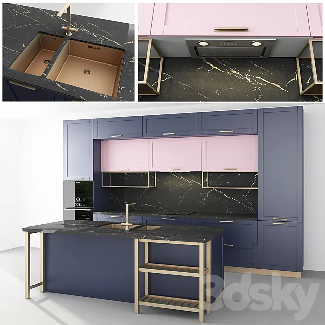 Blue kitchen with an island 3D Model