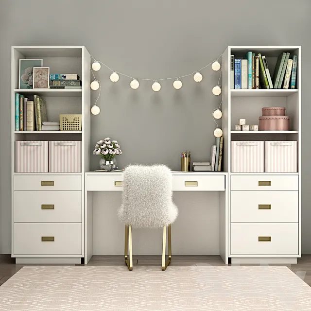 Bookcases Restoration Hardware AVALON with desk WAXED WHITE IN COLOR 3DModel