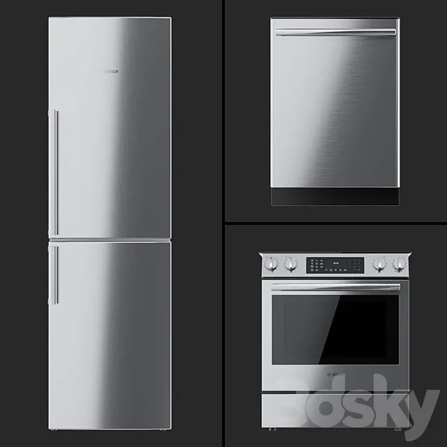 Bosch - HEI8056U cooker B11CB50SSS refrigerator and SHX3AR75UC dishwasher. 3D Model