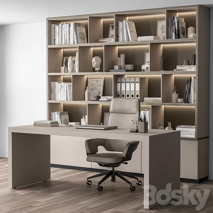 Boss Desk and Library Beige - Office Furniture 319 3D Model Free