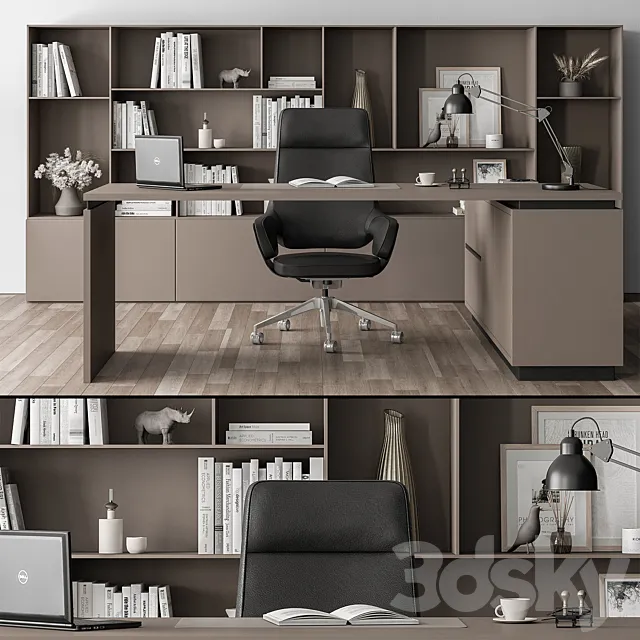 Boss Desk and Library Black and Beige - Office Furniture 315 3D Model