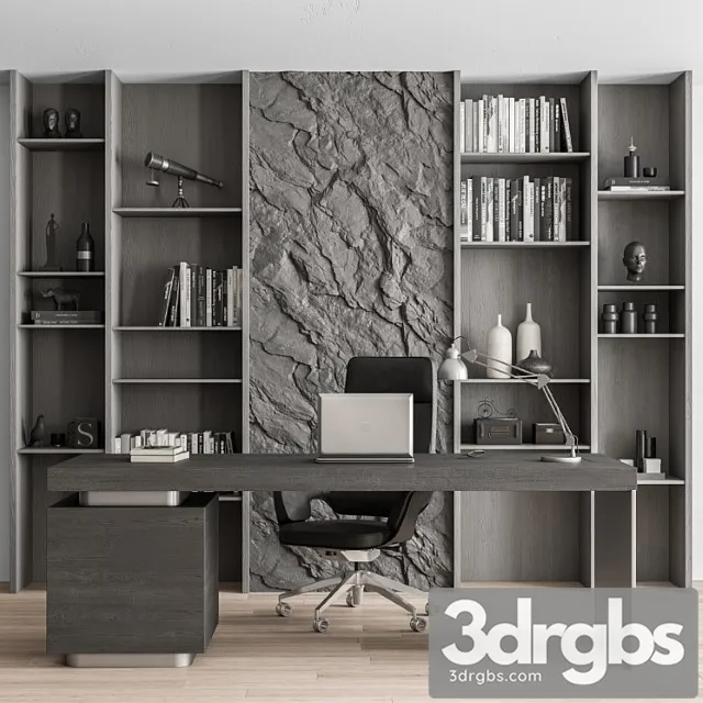 Boss Desk and Library Gray Set Office Furniture 284 3D Model Free